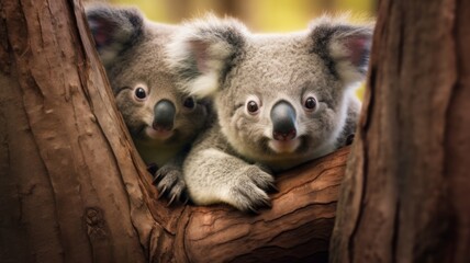 Two cute koalas peeking out of a tree hollow in a natural setting, showcasing their fluffy ears and curious eyes.