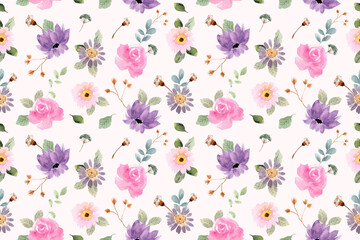soft purple pink floral watercolor seamless pattern