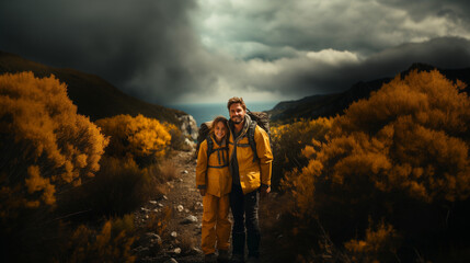 A man and a woman pose in natural landscape under cloudy sky