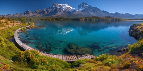 Breathtaking panoramic landscape of a serene turquoise lake with a wooden walkway against majestic snow-capped mountains