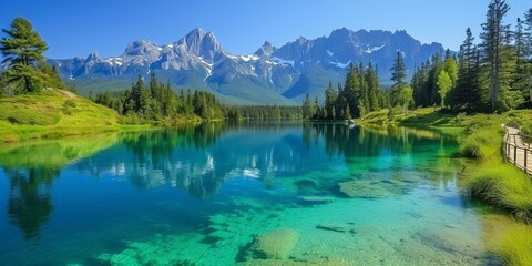 Fototapeta na wymiar Crystal-clear blue lake reflecting the lush greenery and snowy mountain range under the bright summer sky