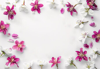 top view flowers arrangement frame on white background on tabletop for your design or home decoration copy space