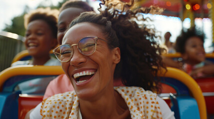 women laugh during the ride at the amusement park