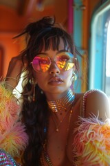 Obraz premium Portrait of a beautiful brunette girl with bright make-up and carnival glasses.