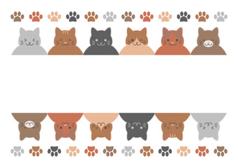 並んだ猫と足跡のフレームイラスト