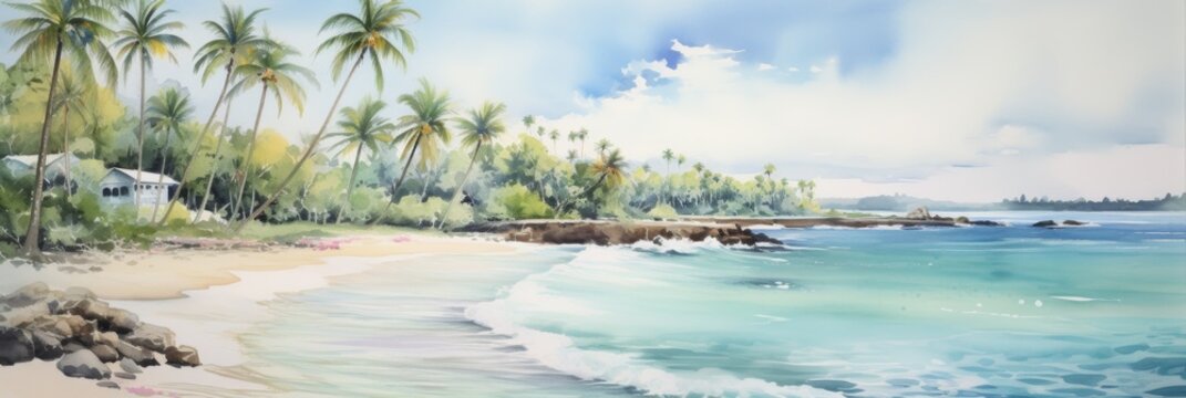 Seashore Watercolor Panorama - Panoramic view of a tropical seashore rendered in watercolor tones.