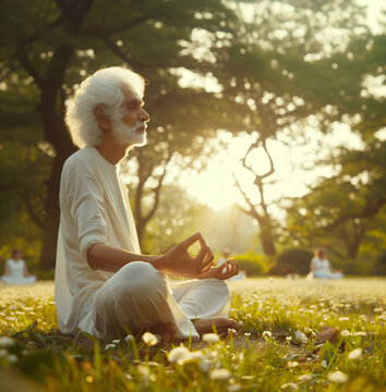 Old man yoga adept grey hair and beard while he meditates in park with group doing breathing exercises. Active people, Oriental practices in retitement life, relaxing or mental health concept image