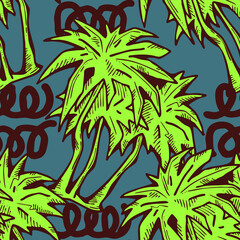 Fototapeta na wymiar Tropical seamless pattern with palm leaves and tree. Holiday vocation theme for fabric print, textile design, fashion party invitation, luxury life style. Hand drawn cartoon line illustration.