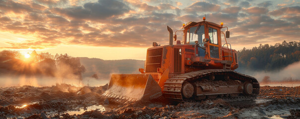 Bulldozer works on construction site at sunset. Heavy machinery levels ground preparing for foundation of new building. Uneven terrain.