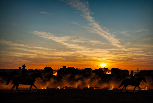 Silhouette of a man on a horse against the backdrop of a burning city at sunset at dusk. Generative AI
