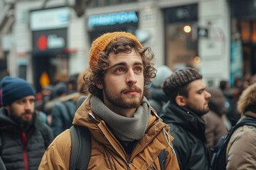Fototapeta premium Young man in the street among the crowd of people, hustle culture concept, homeless
