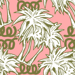 Tropical seamless pattern with palm leaves and tree. Holiday vocation theme for fabric print, textile design, fashion party invitation, luxury life style. Hand drawn cartoon line illustration.