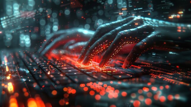 Graphic depiction of a person's typing rhythm and keystroke patterns being analyzed by a biometric keystroke dynamics system for user authentication