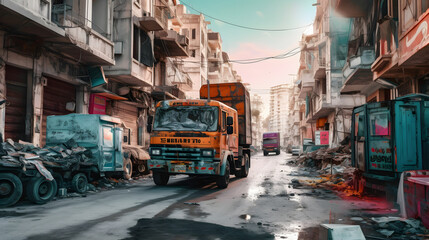  an empty street with a rubbled area and trucks on the street