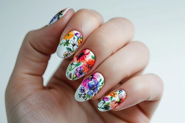 Female hand with floral manicure. Generative AI