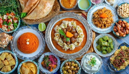 Fototapeta na wymiar Arab Cuisine- Ramadan Kareem greeting photo Middle Eastern Suhoor or iftar meal