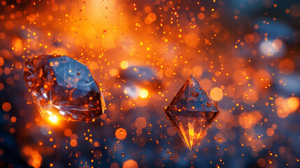 A surreal landscape where black and orange diamonds float ethereally, their facets catching light, casting vibrant glows against a shadowy backdrop. - obrazy, fototapety, plakaty