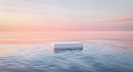 Minimal white stone product podium floating on the surface of the sea, wavy water horizon. Gentle violet blue surreal contemporary aesthetic under the cloudy sky.