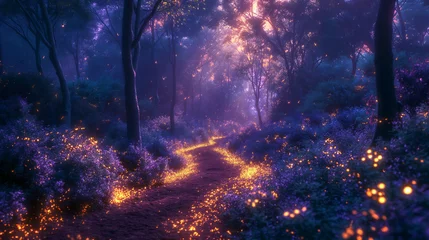 Gordijnen A mystical purple forest emerges from the realm of dreams, with towering trees bathed in a surreal violet hue, casting an enchanting spell over the ethereal landscape. © Alex