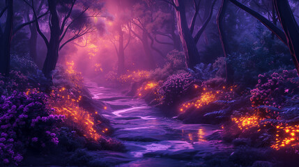 A mystical purple forest emerges from the realm of dreams, with towering trees bathed in a surreal...