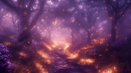 A mystical purple forest emerges from the realm of dreams, with towering trees bathed in a surreal violet hue, casting an enchanting spell over the ethereal landscape. - obrazy, fototapety, plakaty