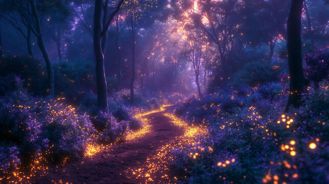 A mystical purple forest emerges from the realm of dreams, with towering trees bathed in a surreal violet hue, casting an enchanting spell over the ethereal landscape.