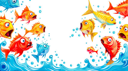 Colorful Cartoon Fishes and Bubbles on White Background