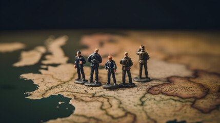  miniature people standing on map of europe