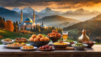 Arab Cuisine- Ramadan Kareem greeting photo Middle Eastern Suhoor or iftar meal - obrazy, fototapety, plakaty