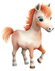 Watercolor illustration of a cute cartoon horse, pony. Cute animals. Transparent background, png