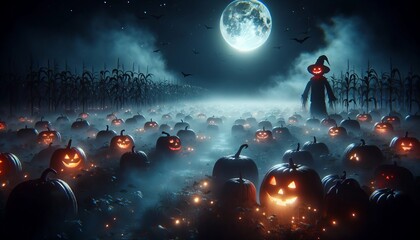 Fototapeta na wymiar Spooky Halloween Pumpkin Patch with Witch and Misty Moonlight