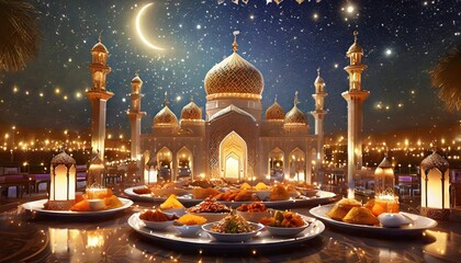 Ramadan, month of fasting concept. mosques on blurred background  - obrazy, fototapety, plakaty