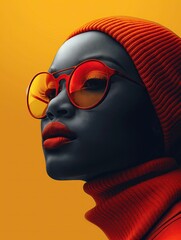 black women's model with round orange glasses, cap and turtleneck on a simple solid orange...