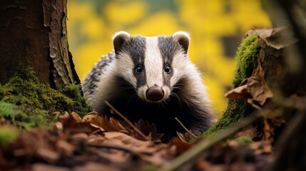 Badger in forest, animal in nature habitat, Germany, Europe. Wild Badger, Meles meles, animal in the wood. Mammal in environment, rainy day - obrazy, fototapety, plakaty