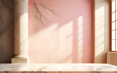 Blurred light shadow from Window on the light pink wall, marble floor with column room. Minimal abstract background for product presentation