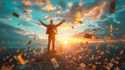 a man is standing on top of a mountain with his arms outstretched and money falling from the sky