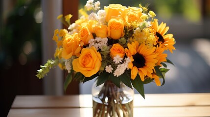 Beautiful bouquet of mixed flowers in a vase on wooden table. the work of the florist at a flower shop. a bright mix of sunflowers, chrysanthemums and roses. background on full screen
