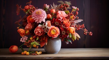 Beautiful flower composition with autumn orange and red flowers and berries. Autumn bouquet in vintage vase on a wooden table with pink tissue and candles