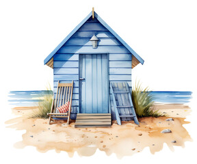 Watercolor illustration of a blue beach hut. Transparent background, png
