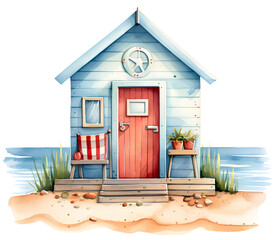 Fototapeta na wymiar Watercolor illustration of a blue beach hut. Transparent background, png