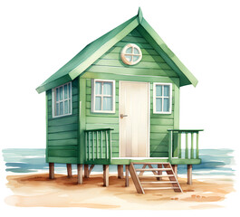 Watercolor illustration of a green beach hut. Transparent background, png