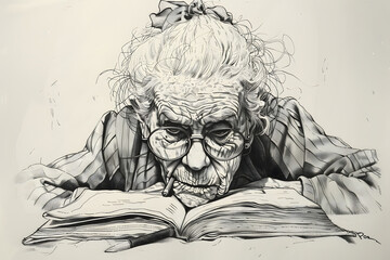 Expressive and Funny Old Woman. Ink Drawing