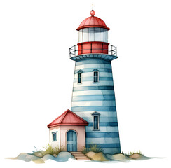 Obraz premium Watercolor illustration of a blue lighthouse. Transparent background, png