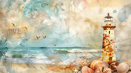 Vintage wallpaper with a lighthouse at the sea, some shells, collage, AI generated illustration - obrazy, fototapety, plakaty