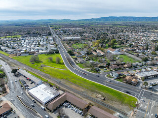 Drone photos over vacant land in a community in a community in northern California. Green space vacant land. Commercial Real Estate