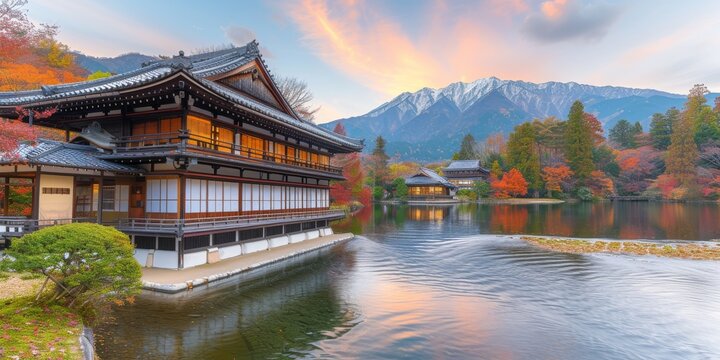Traditional Japanese House by Lake with Mountain Backdrop at Sunset