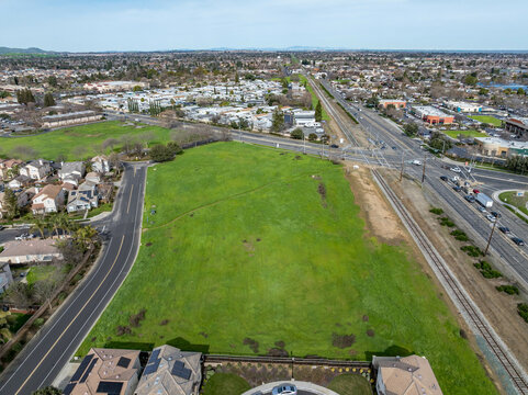 Drone photos over vacant land in a community in a community in northern California. Green space vacant land. Commercial Real Estate