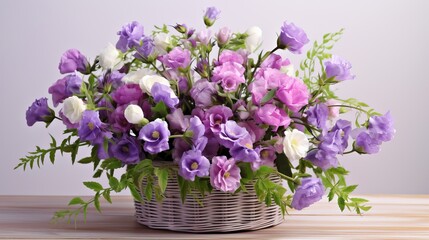 Bouquet of eustoma flowers in  wicker vase, isolated on white