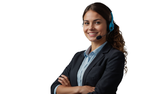 Portrait of a happy call center woman arms crossed isolated on a transparent background for consulting. Smile, customer support or service career with a young employee on PNG for telemarketing	