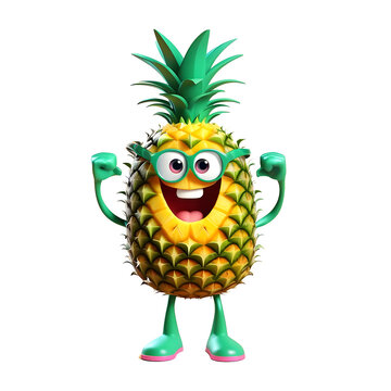 Pineapple fruit mascot. Humanized and playful pineapple with a beautiful smile. 3d render. Image AI.